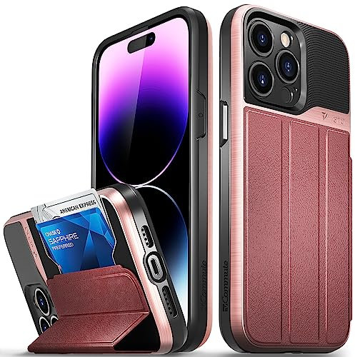 VENA vCommute Wallet Case Compatible with Apple iPhone 14 Pro Max (6.7-inch), (Military Grade Drop Protection) Flip Leather Cover Card Slot Holder with Kickstand - Red