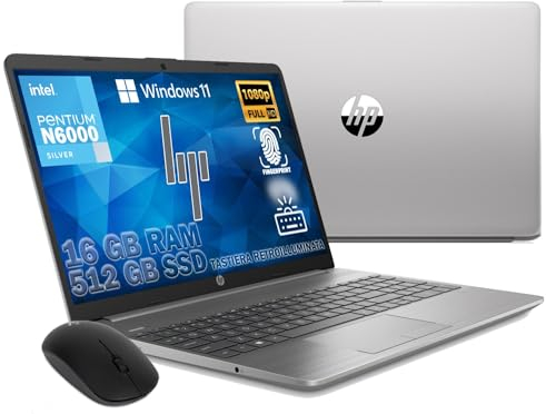 HP Ordinateur Portable 250 G9 2024 Ultra Silencieux, RAM 16 Go, SSD 512 Go, écran FullHD 15,6, Intel N6000 4 Core 3,3 GHz, Clavier rétroéclairé, Touch Id, Win 11 Pro, Libre Office, prêt à l'emploi