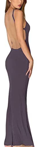 Robe longue moulante sexy sans manches à bretelles spaghetti extensible pour femme, Dos nu violet, Taille S