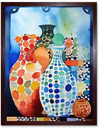 Artery8 Polka Dot Glazed Porcelain Ceramic Vases Folk Art Artwork Framed Wall Art Print 9X7 Inch