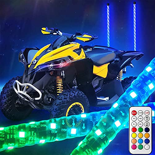 Lot de 2 fouets LED, 360 ° Spiral Chasing/Dancing Lighted Antenna RGB LED Whips avec télécommande pour UTV ATV Off Road Truck Sand Buggy Dune Quad (0,9 m)