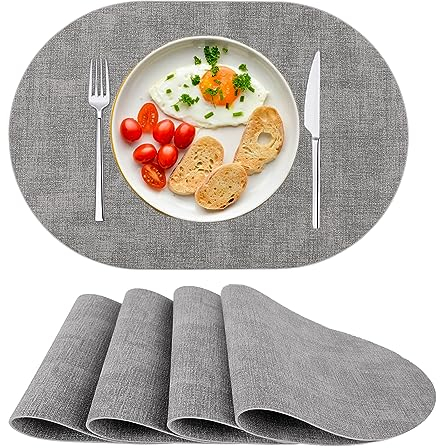 Placemats PU Leather Place Mats Washable Heat Resistant Table Mats Set of 4 Non-Slip for Dining Kitchen Oval Grey