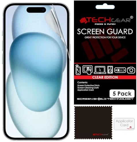 TECHGEAR [5 Pack Screen Protectors for iPhone 16 / iPhone 15 - CLEAR LCD Screen Protector Film Guard Covers with Cleaning Cloth & Application Card Compatible with iPhone 15 / iPhone 16 6.1