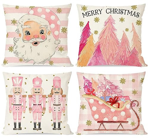 PANDICORN Pinke Weihnachts-Kissenbezüge, 50,8 x 50,8 cm, Set mit 4 Weihnachtskissen, dekorative Wurfkissen, Bauernhaus, Weihnachtsbaum, Weihnachtsmann, Nussknacker, Schlitten, Weihnachtsdekoration,