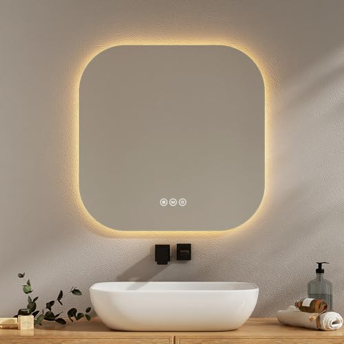 EMKE Badspiegel mit Beleuchtung 60x60cm mit 3 Lichtfarbe Dimmbar, Antibeschlag, Touchschalter, Speicherfunktion, Energiesparend Badezimmerspiegel