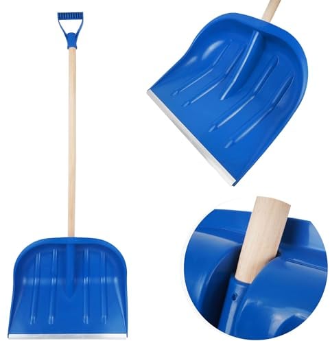 BAUSTER® Schneeschaufel Eckig mit Holzstiel Schneeschieber Blau 47x40cm Schiebekante mit Aluprofil Robust Schaufel für den Haushalt Haushaltsschaufel Schneeräumer für kleine und große Schneemengen