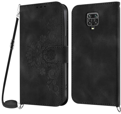 Netany Handykette Hülle für Xiaomi Redmi Note 9 Pro/Note 9S/Note 9 Pro Max, Handyhülle Hülle mit Kette Klappbar, PU Leder Necklace Klapphülle und Umhängeband Lanyard Flip Schutzhülle mit Band(Schwarz)
