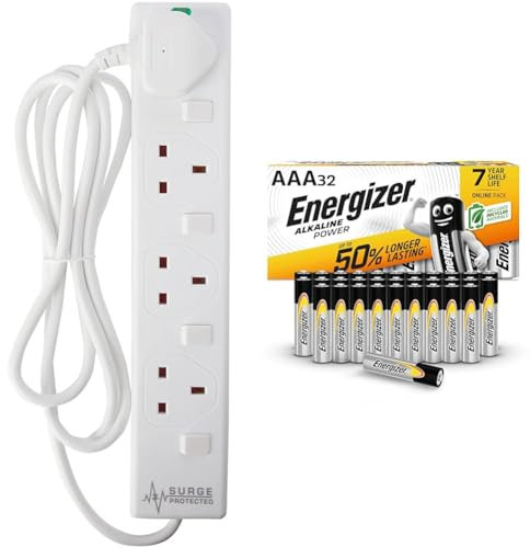 pro elec plpl15330pl 2 m Switched and Surge Protected 4 Gang Extension Lead white & Energizer AAA Batteries, Alkaline Power, Triple A Battery Pack, 32 Pack (Packaging May Vary)