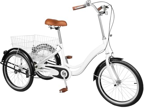 NIGORIY 20 Zoll Dreirad Fahrrad, EIN-Gang-Fahrrad 110kg Tragfähigkeit, Stoßdämpfende Reifen (Weiß)