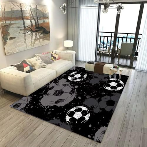 Jungen Fußball Teppiche Wohnzimmer Teppich Großer 3D Graffiti Fußball Muster Teppich Fußballfeld Spielmatte Gamer Teppich Kinder Waschbar Kinderzimmer Teppich Läufer Fußmatte (Schwarz,140x200cm)