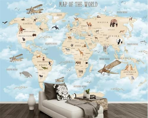 ZEZILE Benutzerdefinierte Kinderzimmer Wand 3D Tapete Cartoon Flugzeug Segeltiere Weltkarte Hintergrund Wand 3D Tapete