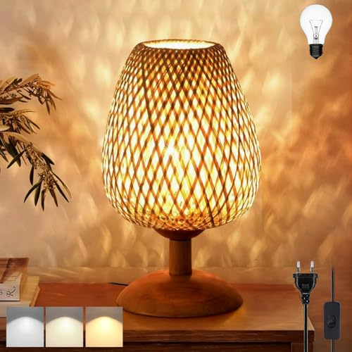 TRUYOK Rattan Tischlampe mit Stecker Bambus Holz Schreibtischlampe LED Dimmbar Boho Vintage Nachttischlampe mit 1.5M Kabel E27 Retro Nachtlicht für Schlafzimmer Nachttisch Wohnzimmer Arbeitszimmer