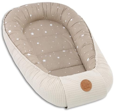 Babynest Neugeborene Nestchen Baby 90x50 cm - Kokon Handmade zweiseitig aus Baumwolle Waffel mit Babynestchen Beige mit Weiß Sternen