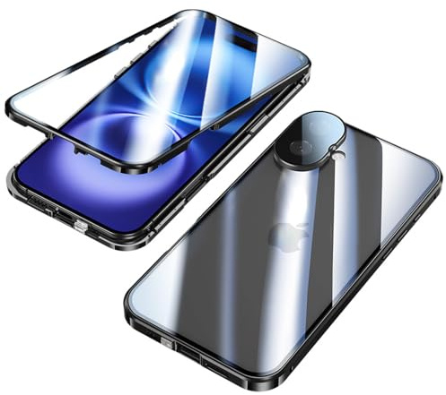 LIUKM Hülle für iPhone 16 Magnetische Adsorption Handyhülle 360 Grad Stoßschutz Vorne hinten Gehärtetes Glas Schutzhülle Metallrahmen Case Handyhülle für iPhone 16 - Schwarz
