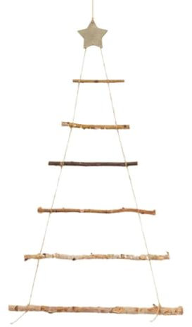 Árbol de escalera de madera con estrella para colgar en la pared, árbol de Navidad, decoración de escalera de árbol de Navidad, adornos de ramas de madera para colgar