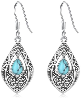 CRWENG Türkisfarbene Ohrringe 925 Sterlingsilber Filigrane Ohrringe Oxidierter Vintage Schmuck in Tropfenform Geeignet für Frauen Jahrestag Geburtstag Muttertag Geschenk