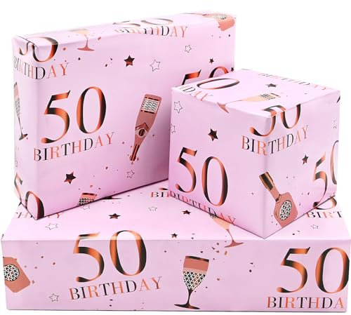 ADQUATOR Geschenkpapierbögen zum 50. Geburtstag, 50 x 70 cm, Roségold und Rosa, 50. Geburtstag, Geschenkpapier für Frauen und Damen (5 Blatt)
