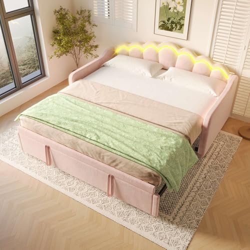 YEHTOKHOME Canapé-lit Moderne Extensible 90/180x200cm avec éclairage LED et sommier à Lattes, Multifonctionnel lit de Jour avec Dossier et accoudoirs, Velours(sans Matelas) (Rose 2)
