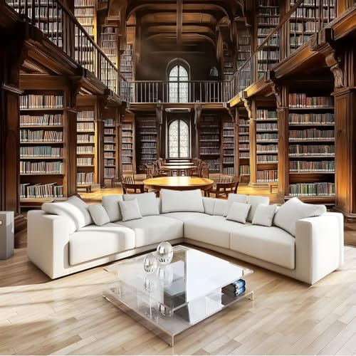 150 x 105 cm Photo Wallpaper Retro Library Wooden Table Stools Non-Woven Premium Art Print Fleece Wall Mural Decoration Brown, Wallpaper Mural Wall Art for Living Room Bedroom Children's Room