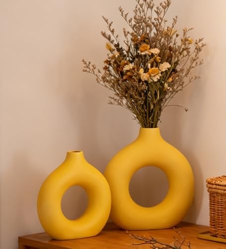 VASETOPIA Keramik Vasen 2 Stück, Minimalismus Stil Blumenvasen Home Decor für Wohnzimmer, Pampas Grass, Tisch (11 Gelb)