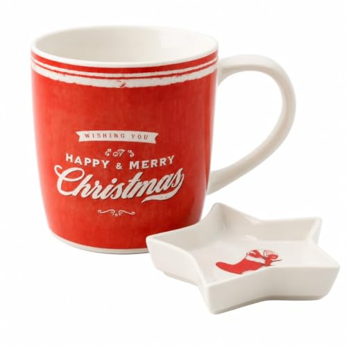MIJOMA Porcelain Cups Set with Star Bowl - Christmas Mug 350 ml with Biscuit or Tea Bag Rest - Gift Set for Christmas (Red - Merry Christmas)