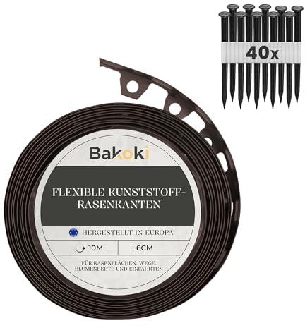 BAKOKI Flexible Rasenkante (10 m | 40 Erdanker | 6 cm Höhe) Braun Kunststoff Wetterbeständige Rasenabgrenzung Beeteinfassung Rund - Blumenbeet Umrandung - Mähkante