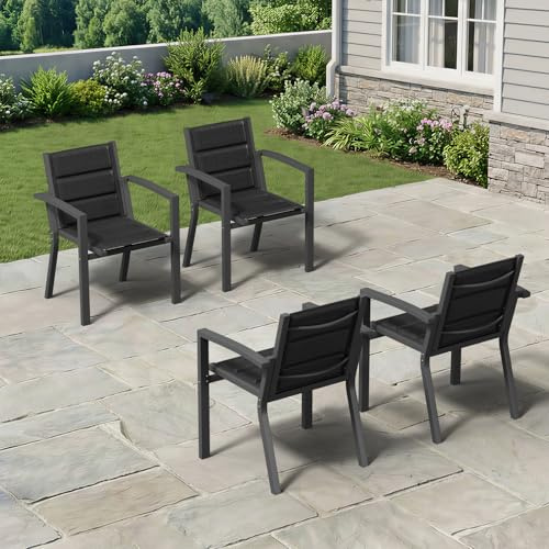 TRIUMPHKEY Gartenstühle Stapelbar, 4er Set Aluminium Gartenstuhl mit Armlehnen, Garten Stapelstühle, Balkonstühle, Garten Esszimmerstühle, Wetterfeste Terrassenstühle, Dunkelgrau