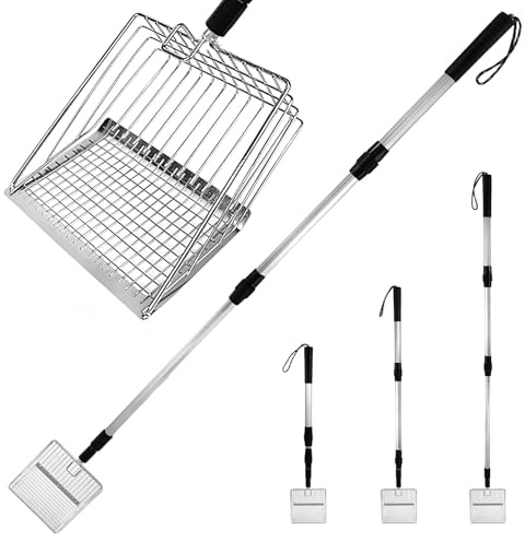VGECEE Pala para excavar de pollo y gatos, con mango largo, pala para excrementos, gato, gallinas, 3 longitudes ajustables, 55,5/84/98 cm, pala para pollos, colador, pala de metal
