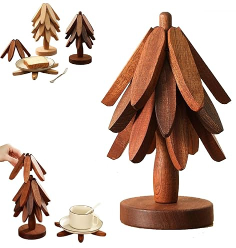2026 Neu Holz Weihnachtsbaum Untersetzer Set, Holz Untersetzer und 1 Ständer wie EIN Weihnachtsbaum für Heiße Schüssel, Topf, Schüssel, Teekanne, Hot-Pot-Set (Dunkelbraun, 3PCS)