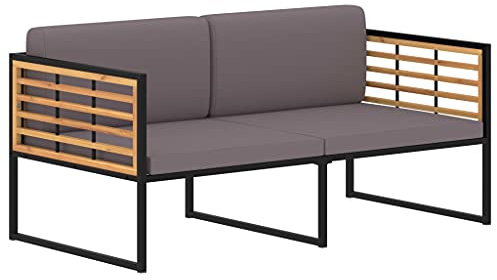 IBUQDDV Gartenbank mit Auflagen 136 cm Massivholz Akazie Dunkelgrau für Terrasse Balkon, 2-Sitzer Sofabank mit Stahlrahmen, inklusive Sitz- und Rückenpolster, wetterfest