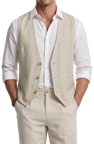HISDERN Men's Waistcoats Casual Linen Waistcoat Solid Summer Suit Vest with Pockets for Wedding Party Business Prom