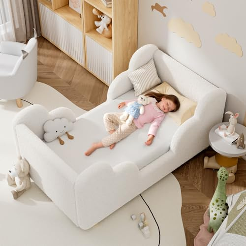 Meulbaty White Lively 70x140cm Cloud Toddler Bed, Mattress not Included | Cute Design, Pine Wood Frame + Soft Padded Edges, Easy to Assemble, ideal for Children Girls and Boys