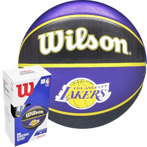 ENERO NBA Team LA Lakers Basketball Größe 7, Indoor/Outdoor Gummiball mit strukturierter Oberfläche, Butylblase, inkl. Pumpe & Box, Lila/Schwarz, Unisex