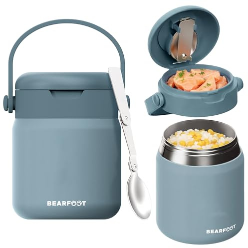 BEARFOOT Kinder Thermobehälter Edelstahl 500ml, BPA-frei (Blau) | Auslaufsicher, mit faltbarem Löffel & Tragegriff, für Kindergarten & Schule
