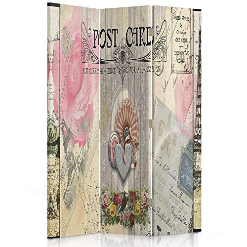 Feeby Paravent Vintage Postkarte Paris Herz Eiffelturm Blumen Rosa 3 Teilig 110x150 cm Modern Design Einseitig Raumteiler Foto Trennwand Raumtrenner Sichtschutz Spanische Wand Auf Leinwand Beige