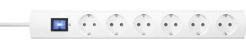Kopp 233202008 Unoversal Plus Steckdosenleiste 6-Fach mit Überspannungsschutz, 1. 4 m Kabel, 90° gedrehte Töpfe, Großer Steckdosen-Abstand, anschraubbar, erhöhter Berührungsschutz, Weiß