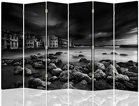 Paravent Moderne Paisage 2 Faces 6 Panneaux Pierres Eau Noir 216x175 cm