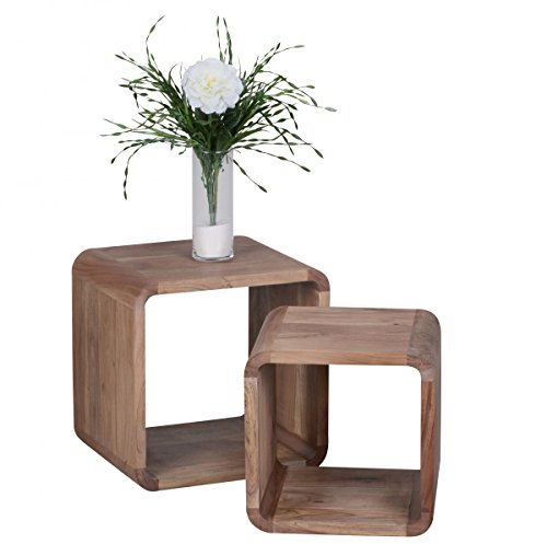 KADIMA Design Massivholz Akazie Satztisch Teko Beistelltisch 2er Set Cubes Würfelregal