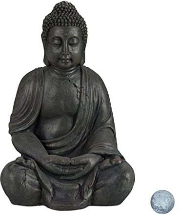Relaxdays Buddha Figur sitzend, XL 70 cm, Gartenfigur, Dekofigur Wohnzimmer, wetterfest & frostsicher, dunkelgrau