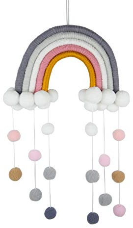 RAILONCH Nordic Regenbogen Wandbehang, handgewebte Wolken Regenbogen Makramee Wandteppich, Wanddeko mit Pompon für Neugeborene Babyzimmer (5)