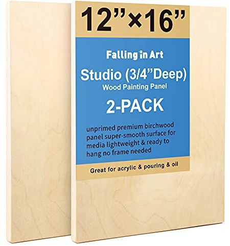 Falling in Art Unfinished Birch Wood Canvas Panels Kit, 2 Pack of 12x16’’ Studio 3/4’’ Deep Cradle Boards for Pouring Art, Crafts, Painting, and More