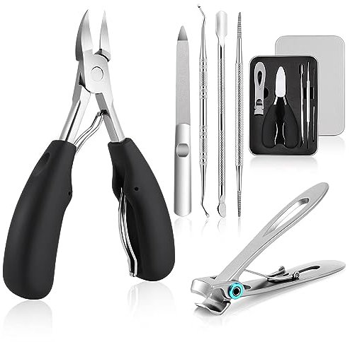 Toenail Clippers for Thick Nails & Ingrown Nails for Women Men, Azymi Heavy Duty Nail Clippers Cutters 6 In 1 Set, Sharp Curved Blades/Wide Jaw Opening/Soft ABS Handle