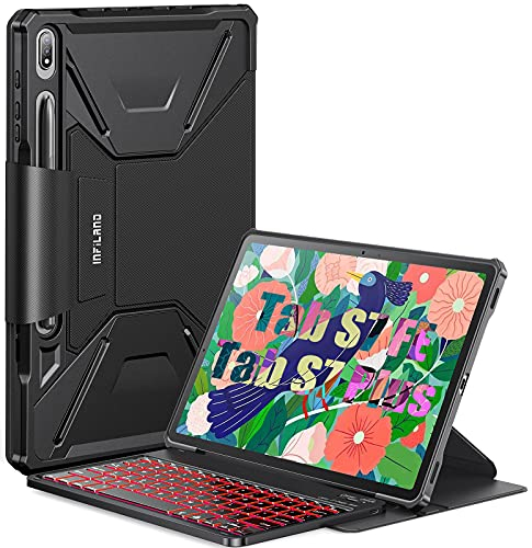 INFILAND Galaxy Tab S8 Plus/S7 FE/S7 Plus Tastatur Hülle, Mehrere Blickwinkel Weicher TPU Stoßfeste Robust Rahmen, 7-farbige Hintergrundbeleuchtung Abnehmbare Magnetische Bluetooth Tastatur, [QWERTZ]