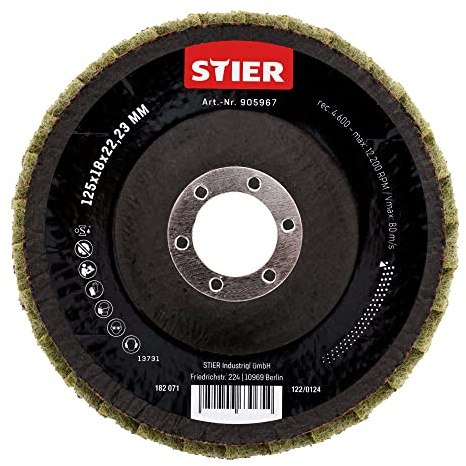 STIER Vlies Fächerschleifscheiben, 125 x 18 x 22,23 mm, grob, 5 Stk., kühler Schliff, 12.200 RPM, für Edelstahl