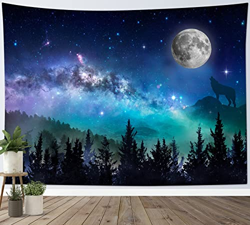 LB Galaxis Wandteppich Voll Mond Wandtuch Wolf auf dem Berg Wandbehang Schwarzer Baum im Wald Tapisserie für Wohnzimmer Schlafzimmer Wohnheim Wanddeko,235x180cm