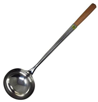 VG® Chinese Authentic Wok Accessories Set - 304 Grade Stainless Steel Spatula Turner & Ladle with Wooden Handles - Long Handle Kitchen Cooking Tool (33cm Ladle)