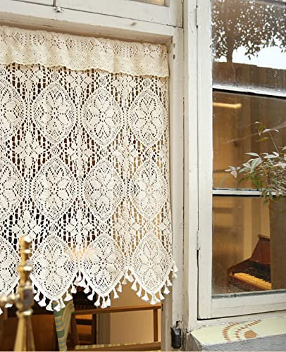 A.Monamour Gardine Scheibengardinen Transparente Beige Baumwolle Hohle Häkelspitze Bohemian Kurzvorhang Kurzgardinen Küchengardine Küchenvorhang Küche Vorhang Fenster Kurz Stores Bistrogardine