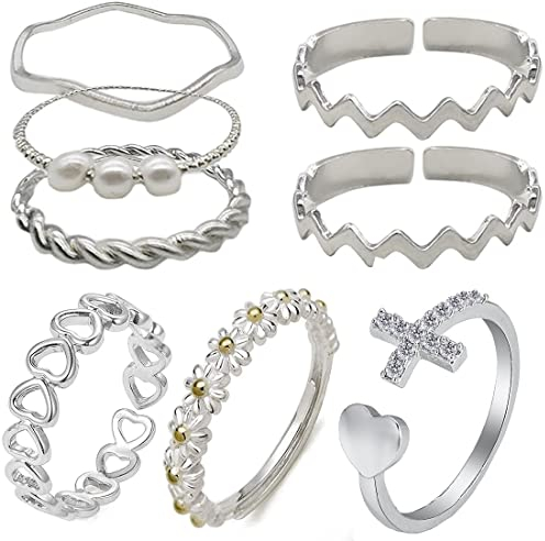 LEEQBCR 8er Set Damenring Böhmische Fingerringe Offen Gänseblümchen Perle Gelenk Welle Blume Knöchelringe Stapelbar Bandringe Ring-Set verstellbar für Frauen Mädchen Charme Mode Schmuck