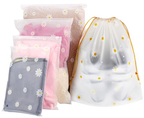 JETOP 15 Pcs Waterproof Clear Drawstring Storage Bags With Daisy Print for Clothes, Shoes, and Toys - Travel Organization