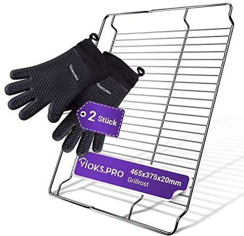 Vioks.pro Set Grillrost Edelstahl 465x375mm Ersatz für Bosch 00574876 + 2x Kochhandschuhe Hitzebeständig & Gitter Backofen, Ofenhandschuhe Silikon